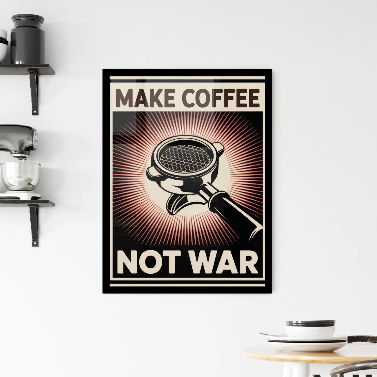 Make Coffee Not War: Embrace Peaceful Brewing with a Bold Statement Design. Framed Print