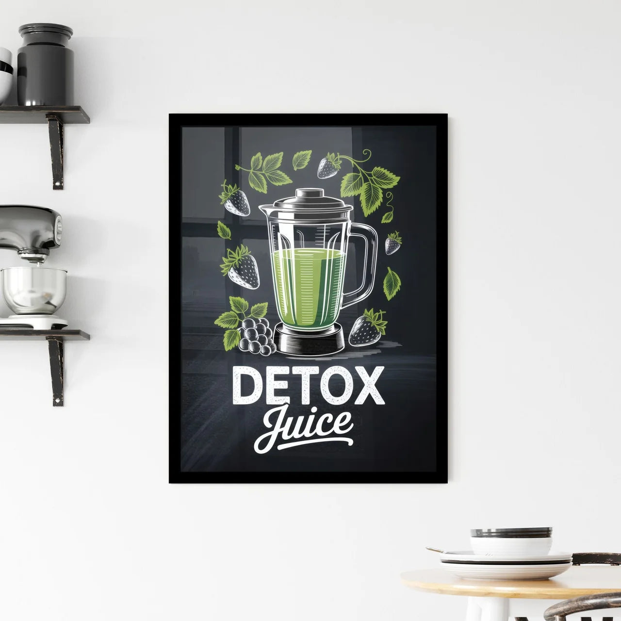 Refreshing Detox Juice Made with Fresh Ingredients in a Stylish Blender on Chalkboard Background. Framed Print