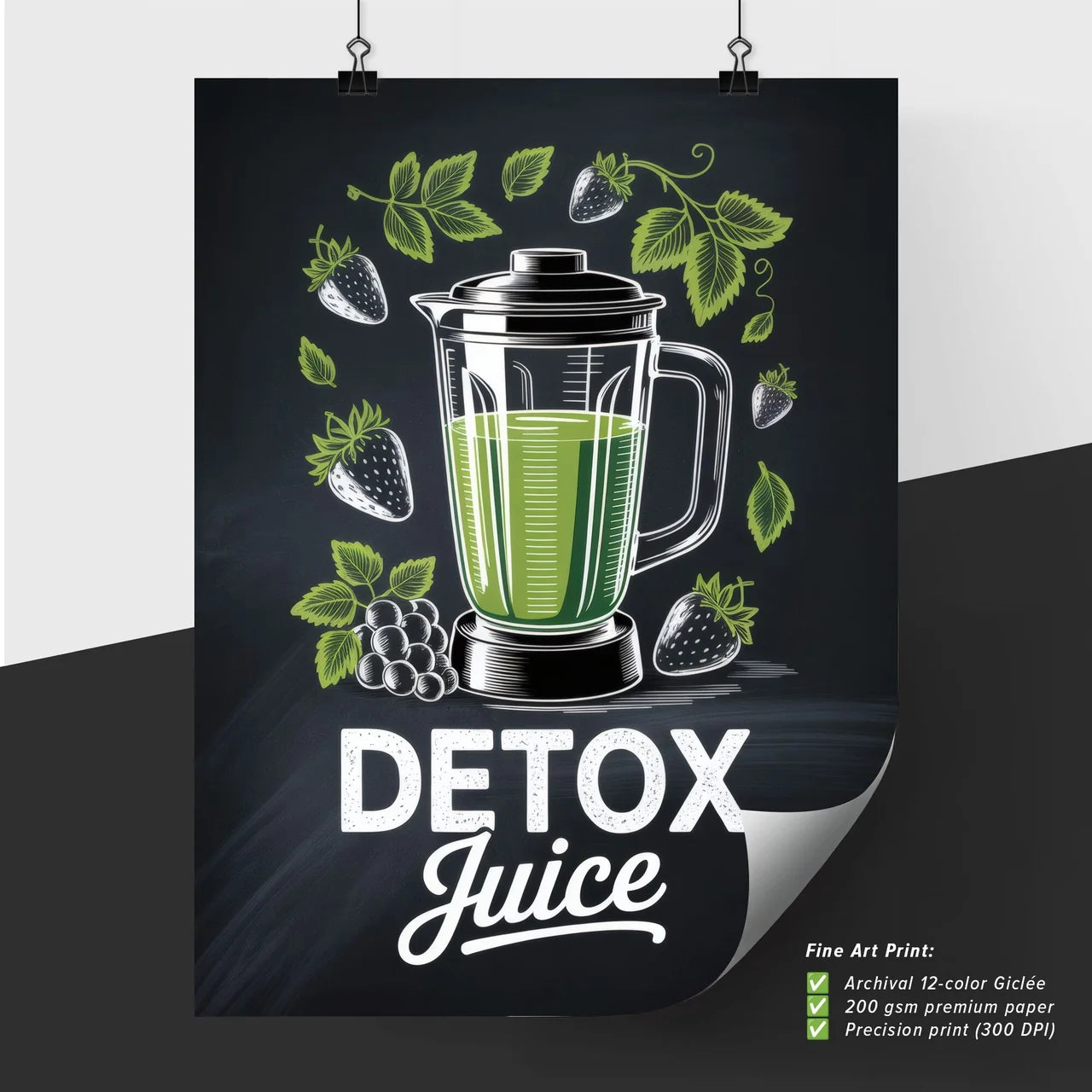 Refreshing Detox Juice Made with Fresh Ingredients in a Stylish Blender on Chalkboard Background.