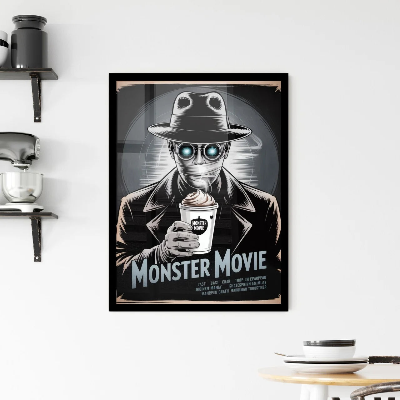 Retro Monster Movie Poster Featuring a Mysterious Character with Sunglasses and Coffee Framed Print