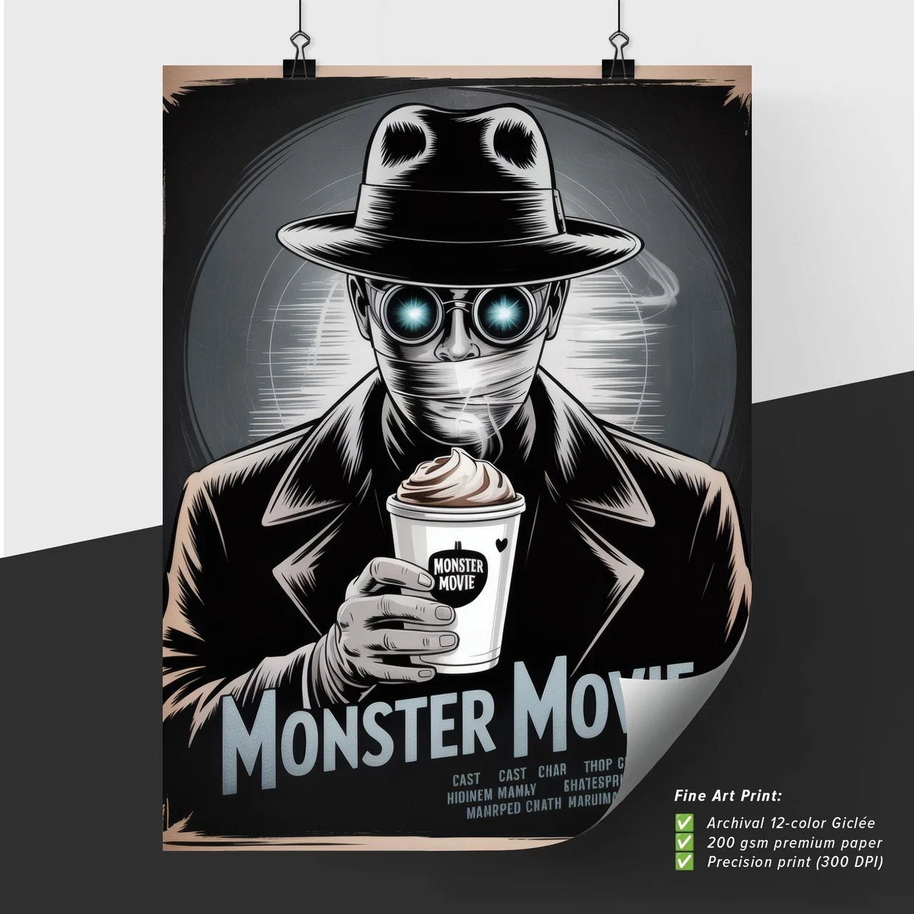 Retro Monster Movie Poster Featuring a Mysterious Character with Sunglasses and Coffee