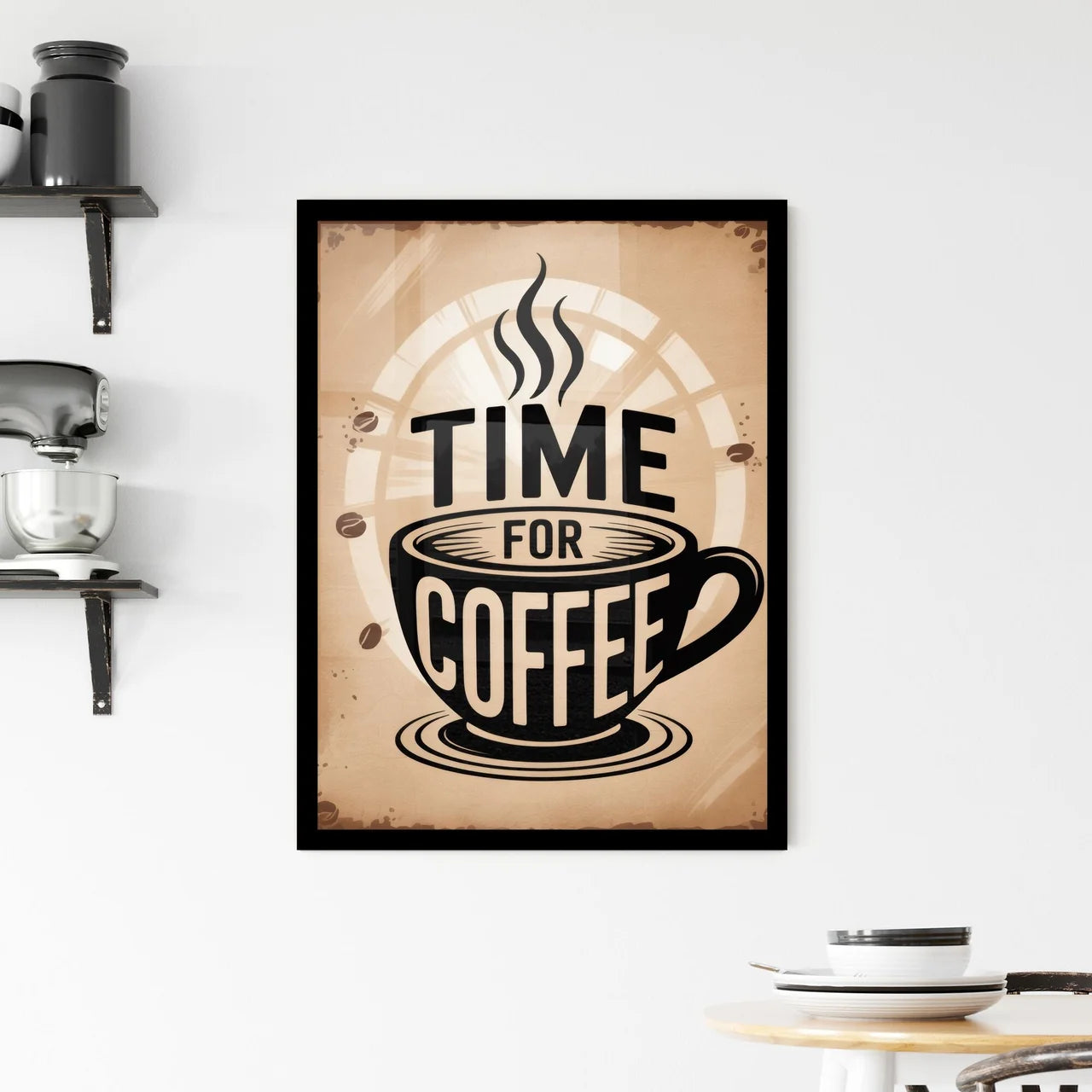 Rustic Coffee Time Sign with Elegant Cup and Steaming Aroma for Cozy Cafés and Homes. Framed Print