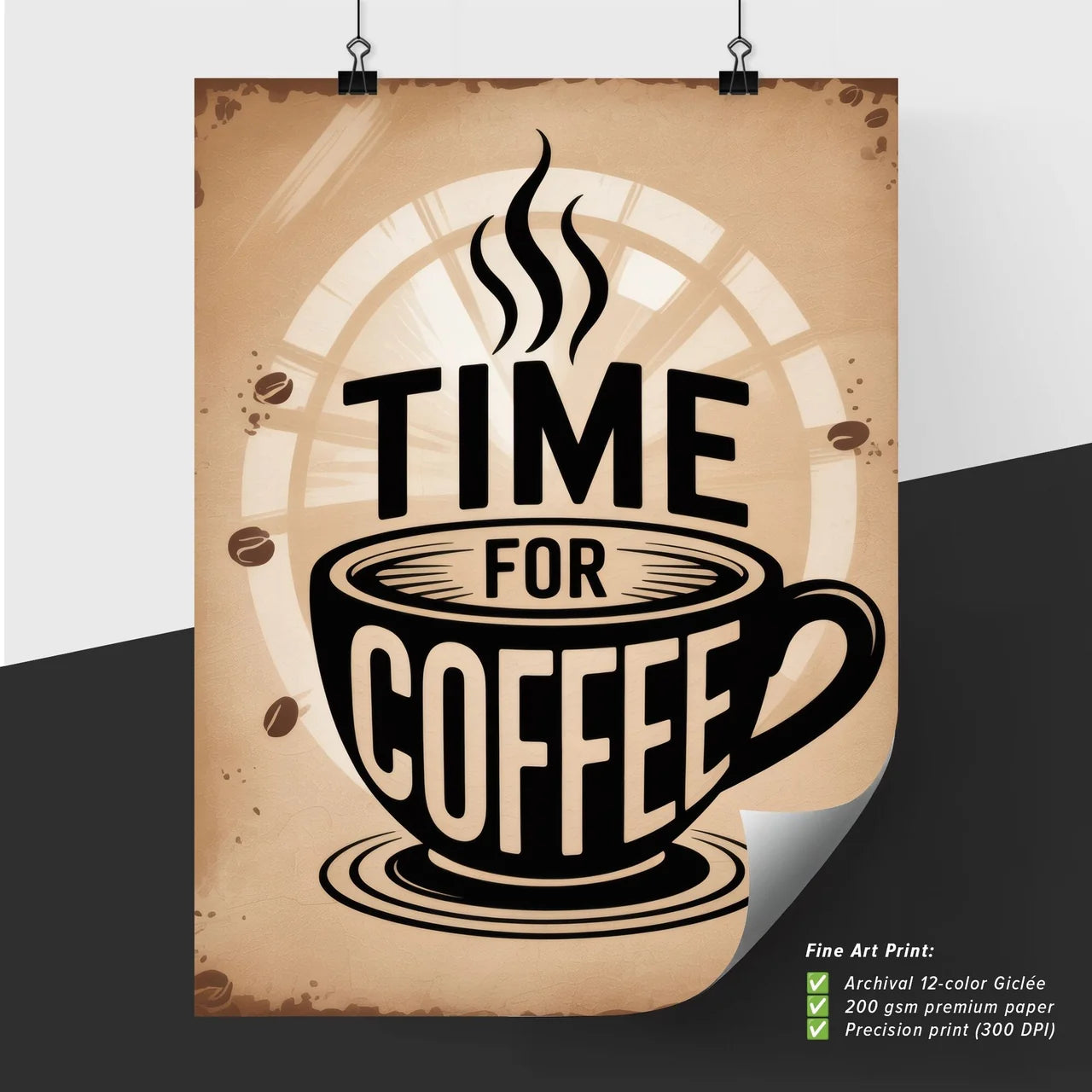 Rustic Coffee Time Sign with Elegant Cup and Steaming Aroma for Cozy Cafés and Homes.