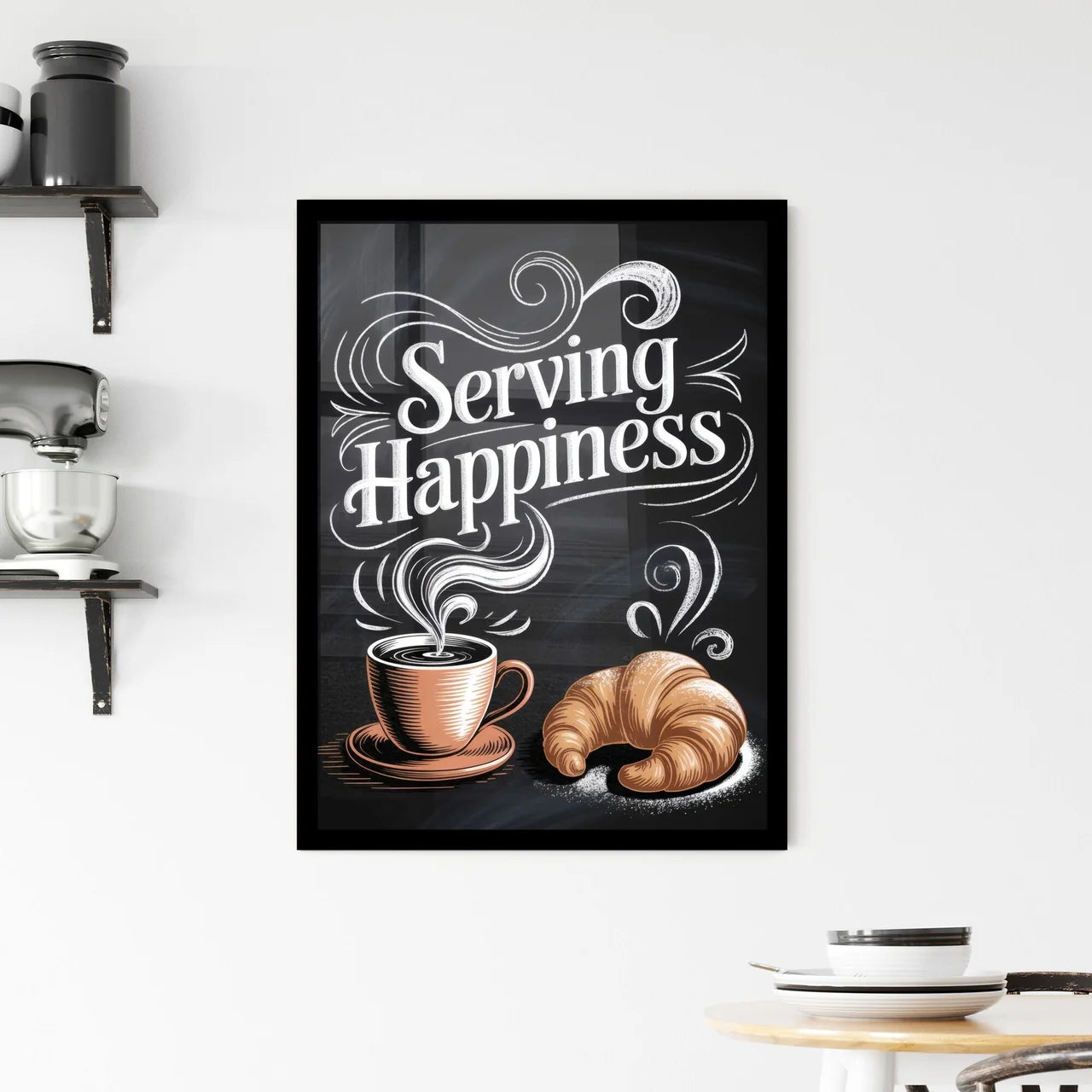 Serving Happiness: A Cozy Coffee Cup and Croissant Illustration for a Warm Café Atmosphere. Framed Print