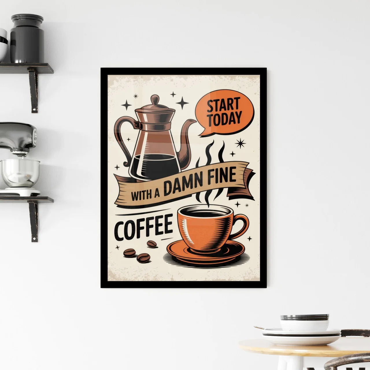 Start Today with a Damn Fine Coffee - Vintage Style Illustration for Coffee Lovers. Framed Print