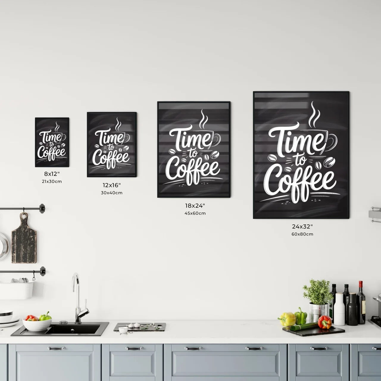 Stylish Chalkboard Design Featuring the Inspirational Phrase 'Time to Coffee' with Coffee Cup and Beans Illustrations. Chart