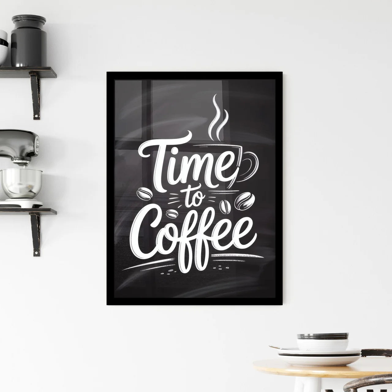 Stylish Chalkboard Design Featuring the Inspirational Phrase 'Time to Coffee' with Coffee Cup and Beans Illustrations. Framed Print