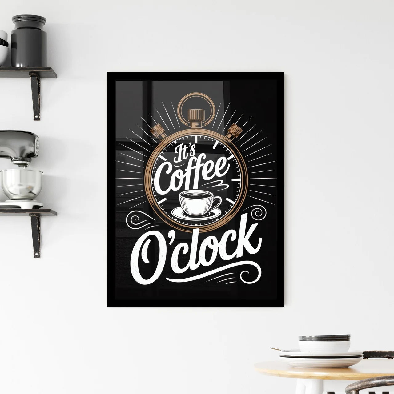 Stylish Coffee O'clock Illustration with Stopwatch and Coffee Cup on Black Background Framed Print