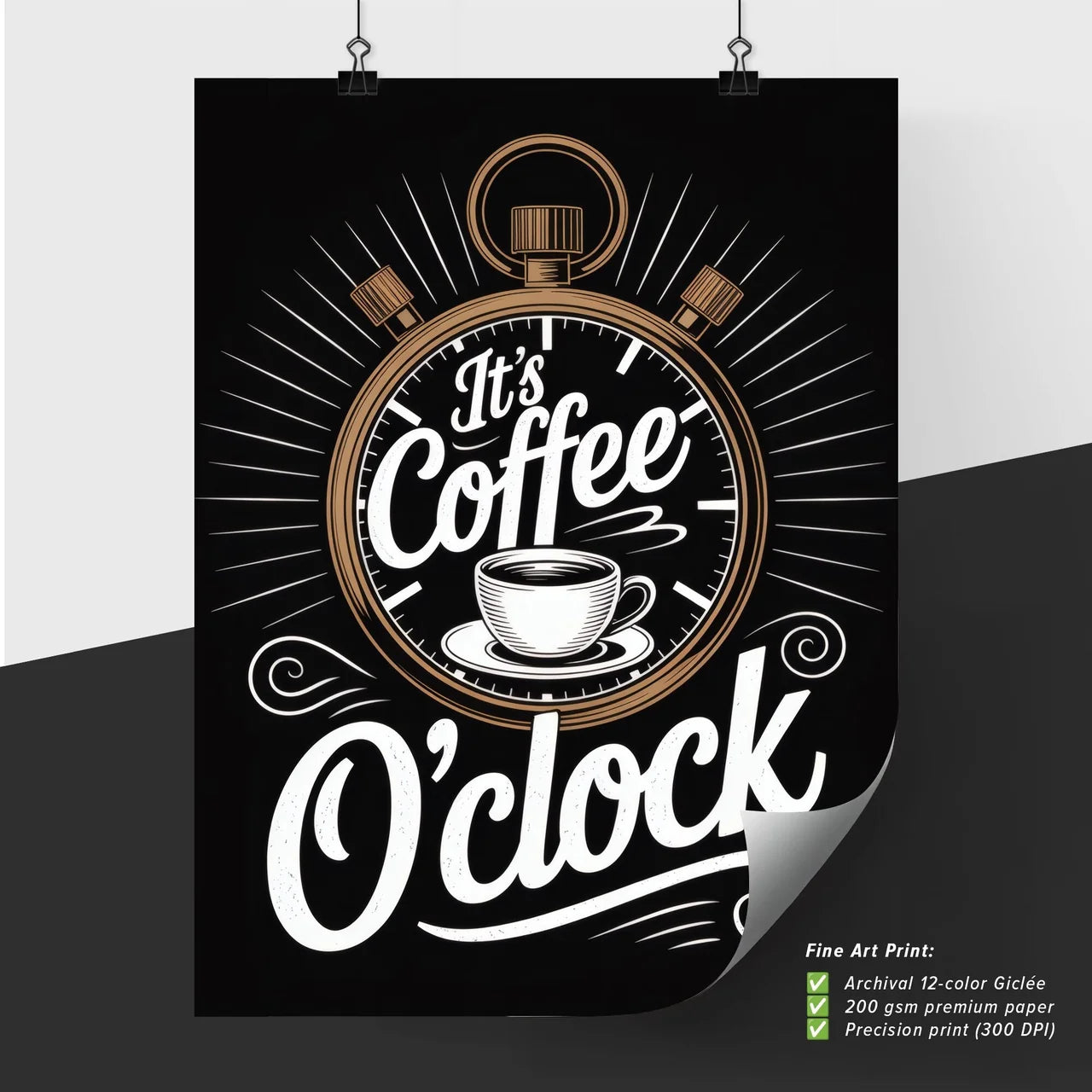 Stylish Coffee O'clock Illustration with Stopwatch and Coffee Cup on Black Background
