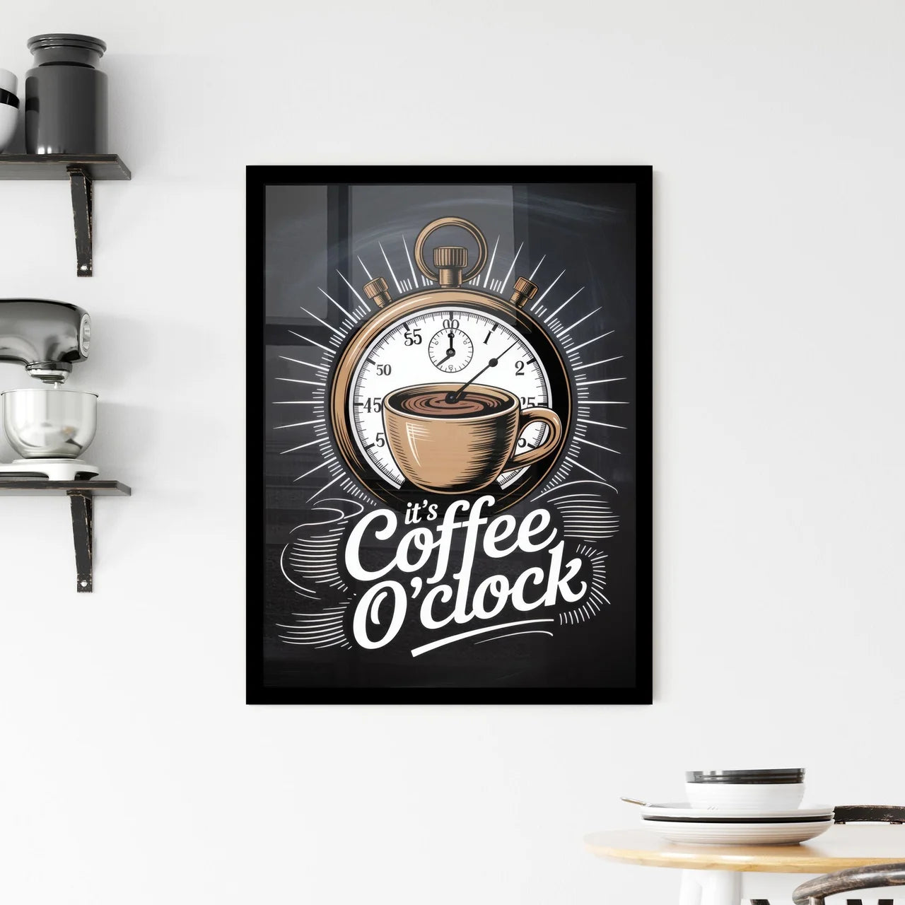 Stylish Coffee Time Illustration with Stopwatch and Charming Typography for Coffee Lovers Framed Print