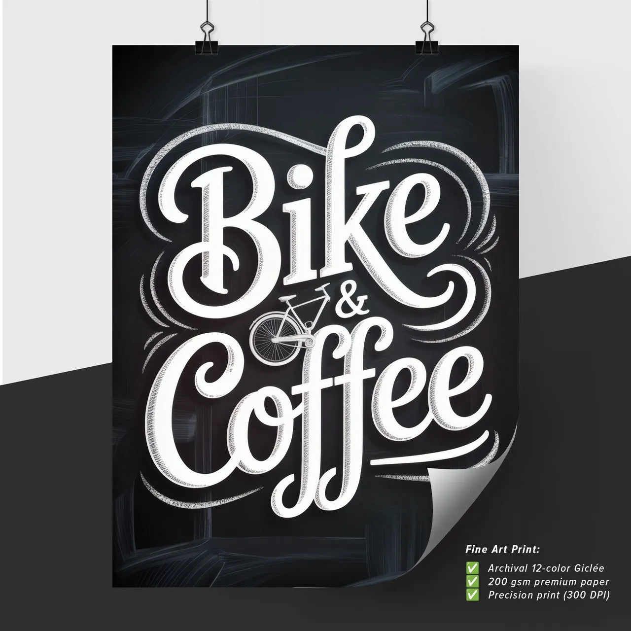 Stylish Handwritten Typography Design Featuring the Phrase 'Bike & Coffee' on a Chalkboard Background.