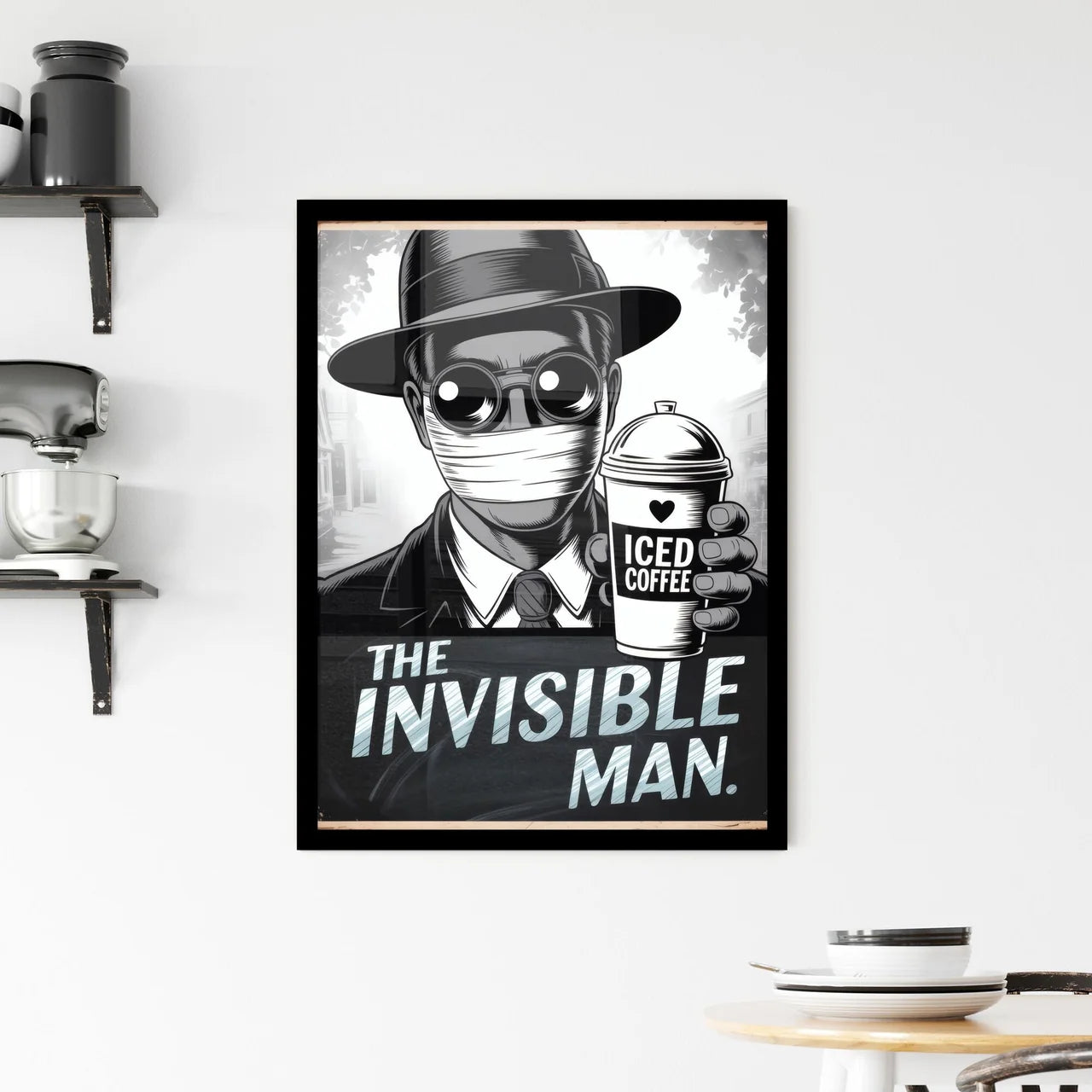 Stylish Illustration of a Mysterious Figure Holding Iced Coffee in Urban Setting, Embracing Modern Aesthetic. Framed Print