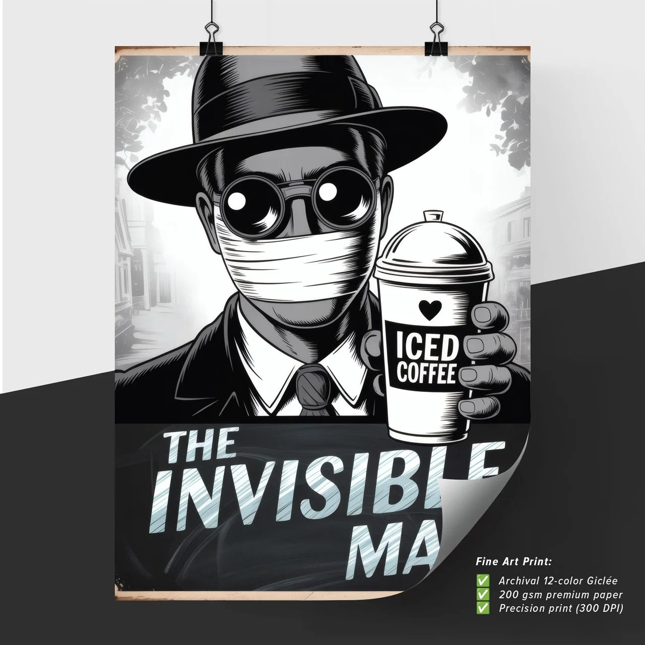 Stylish Illustration of a Mysterious Figure Holding Iced Coffee in Urban Setting, Embracing Modern Aesthetic.