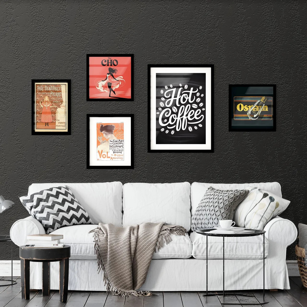 Stylish Typography of 'Hot Coffee' Surrounded by Coffee Beans on a Dark Background Collection