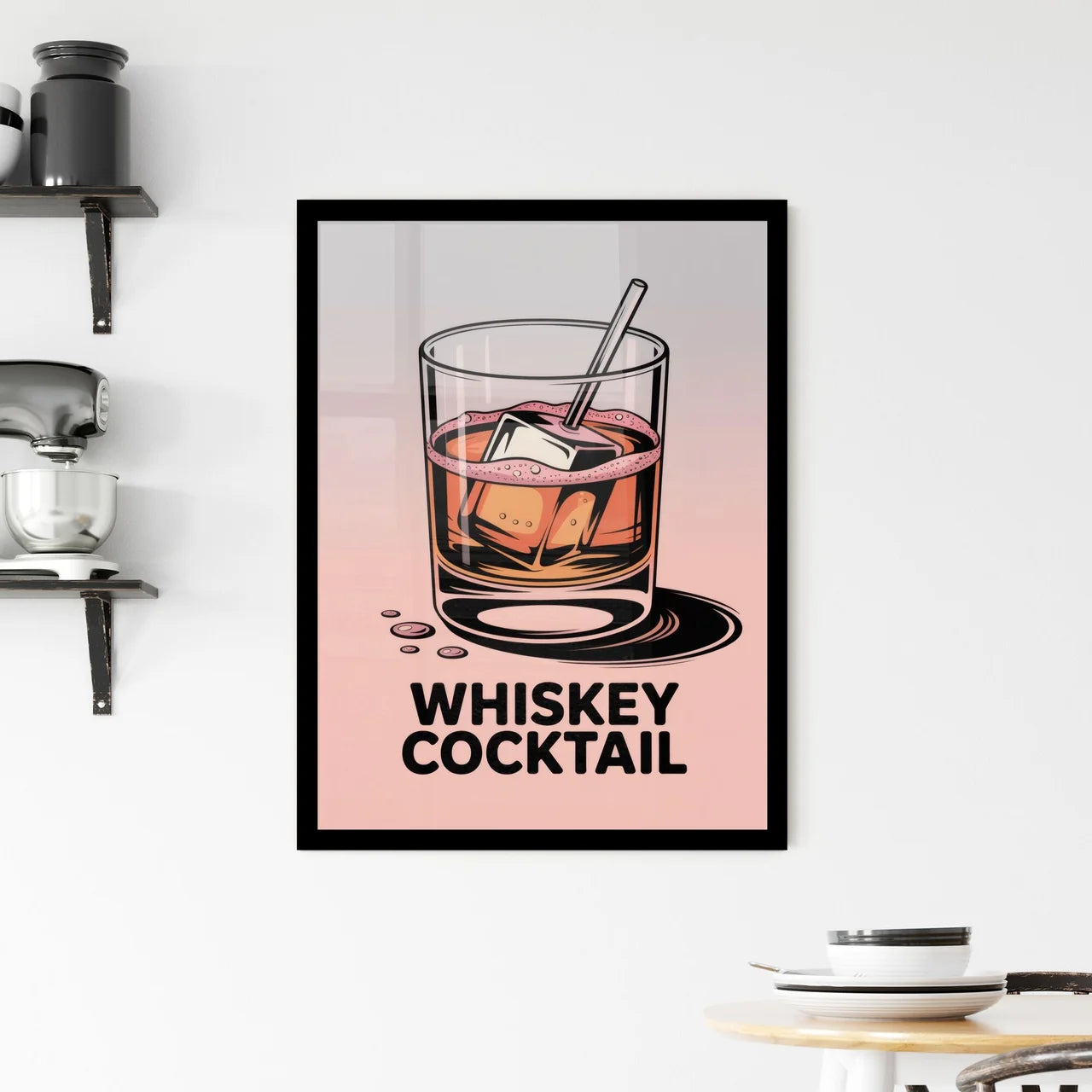 Stylish Whiskey Cocktail Illustration with Ice and Straw on a Gradient Background for Contemporary Bar Themes. Framed Print