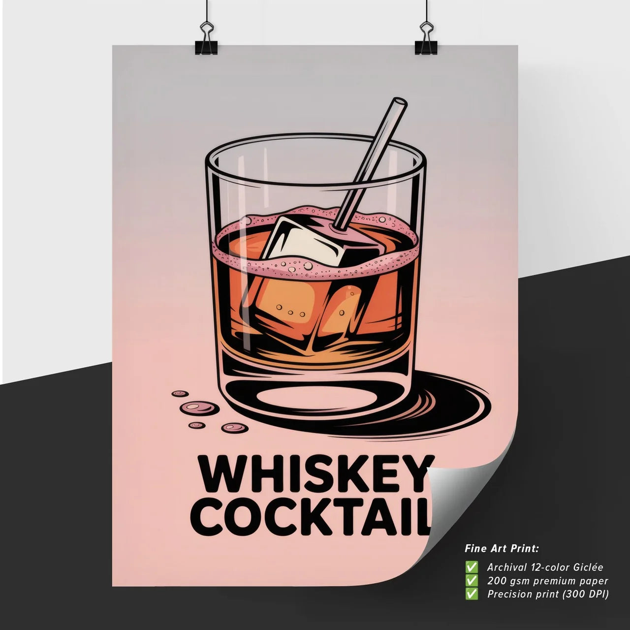Stylish Whiskey Cocktail Illustration with Ice and Straw on a Gradient Background for Contemporary Bar Themes.
