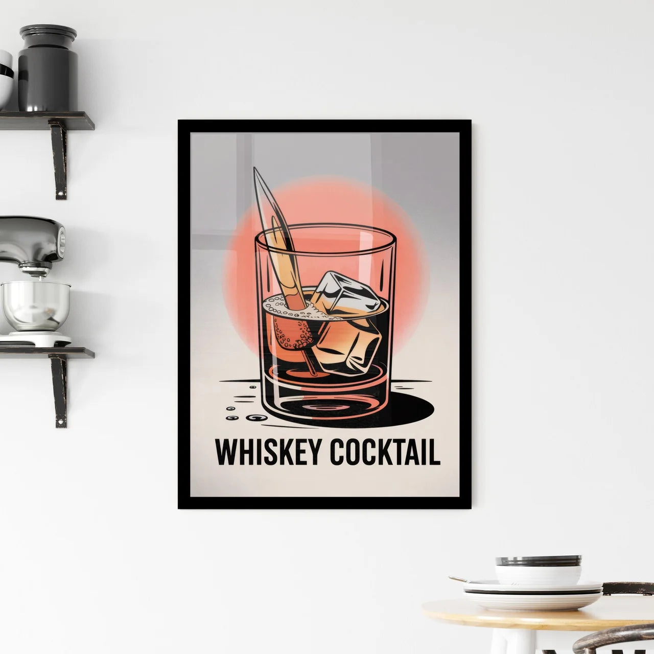 Stylish Whiskey Cocktail with Ice and Garnish in an Artistic Glass Design Framed Print