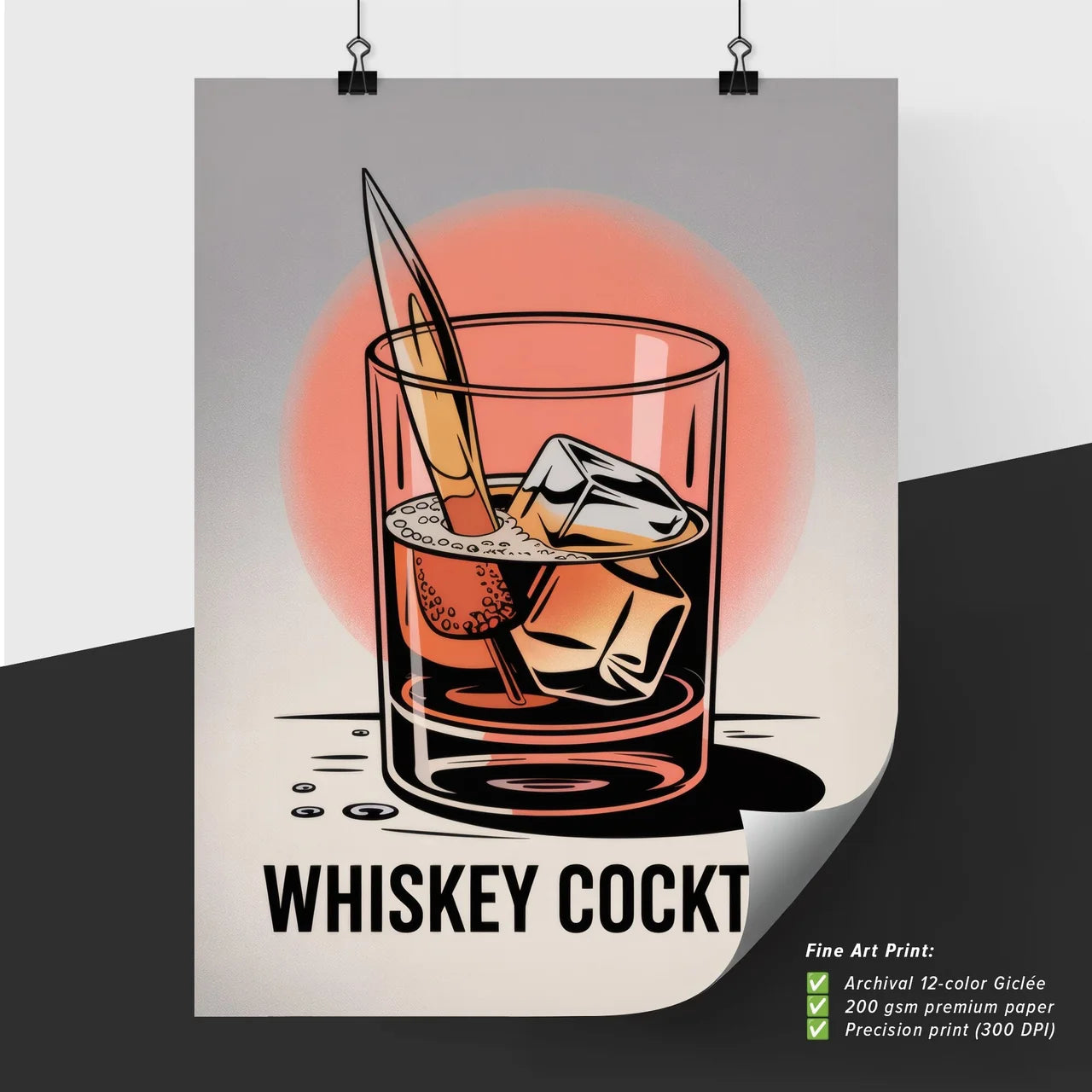 Stylish Whiskey Cocktail with Ice and Garnish in an Artistic Glass Design