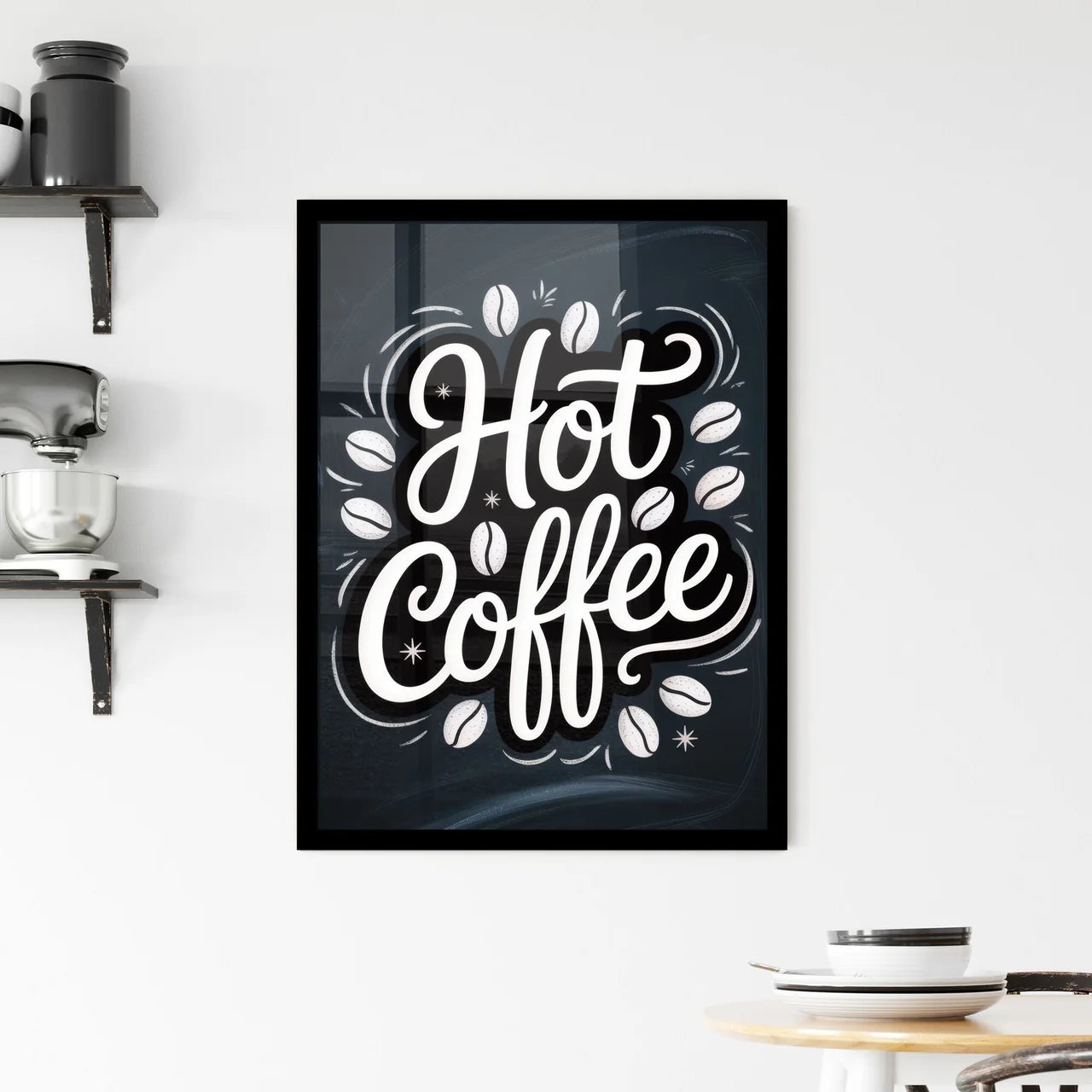 Stylized Typography Featuring 'Hot Coffee' Surrounded by Coffee Beans on a Black Background. Framed Print