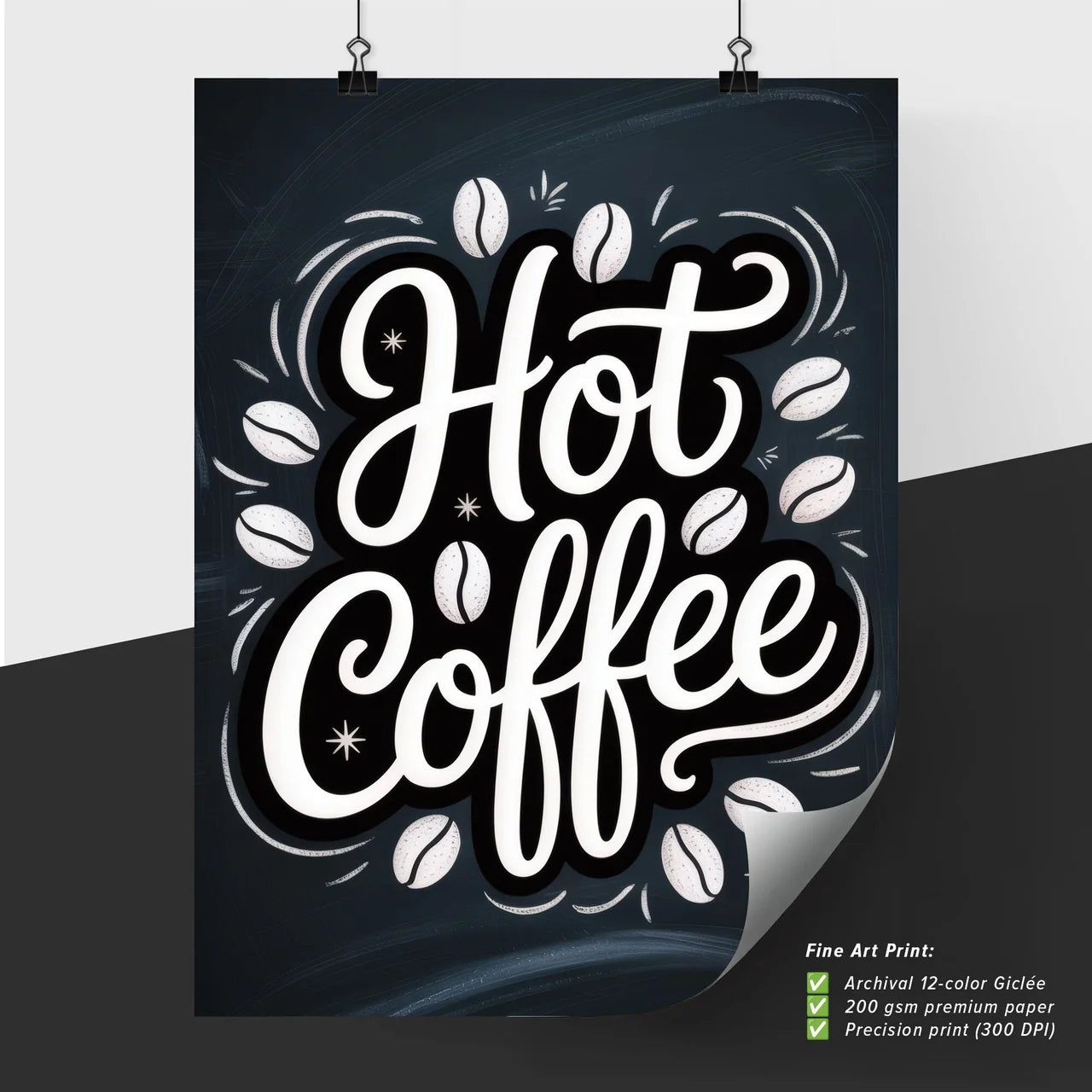 Stylized Typography Featuring 'Hot Coffee' Surrounded by Coffee Beans on a Black Background.