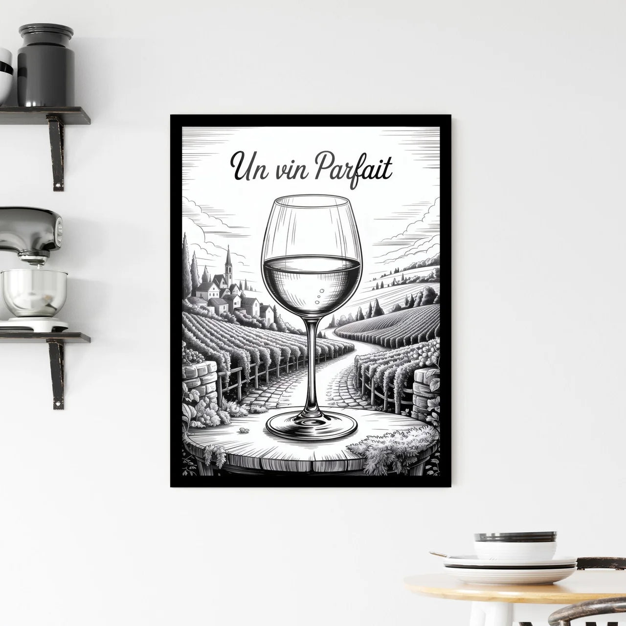 Un vin Parfait: A Perfect Wine Experience in Scenic Vineyard Landscape. Framed Print