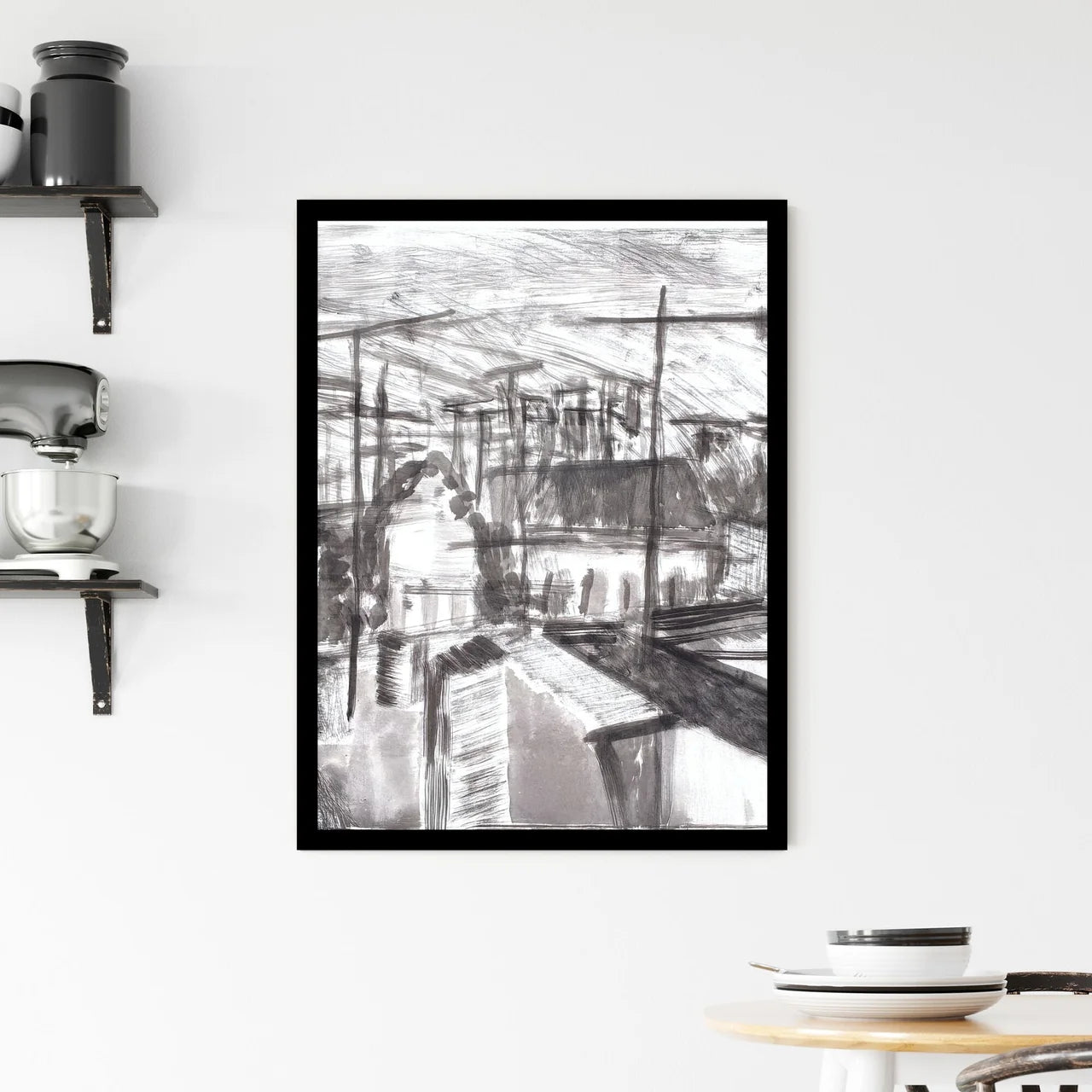 Urban Echoes: Shadows of the Unseen in Monochrome Harmony Framed Print