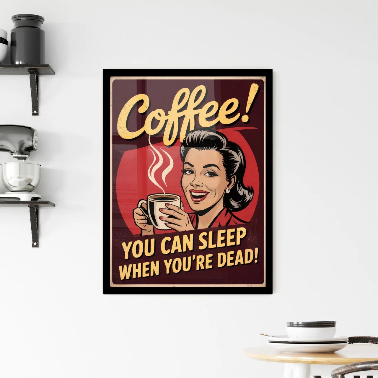 Vintage Coffee Advertisement: Embrace Life with a Smile and a Cuppa! Framed Print