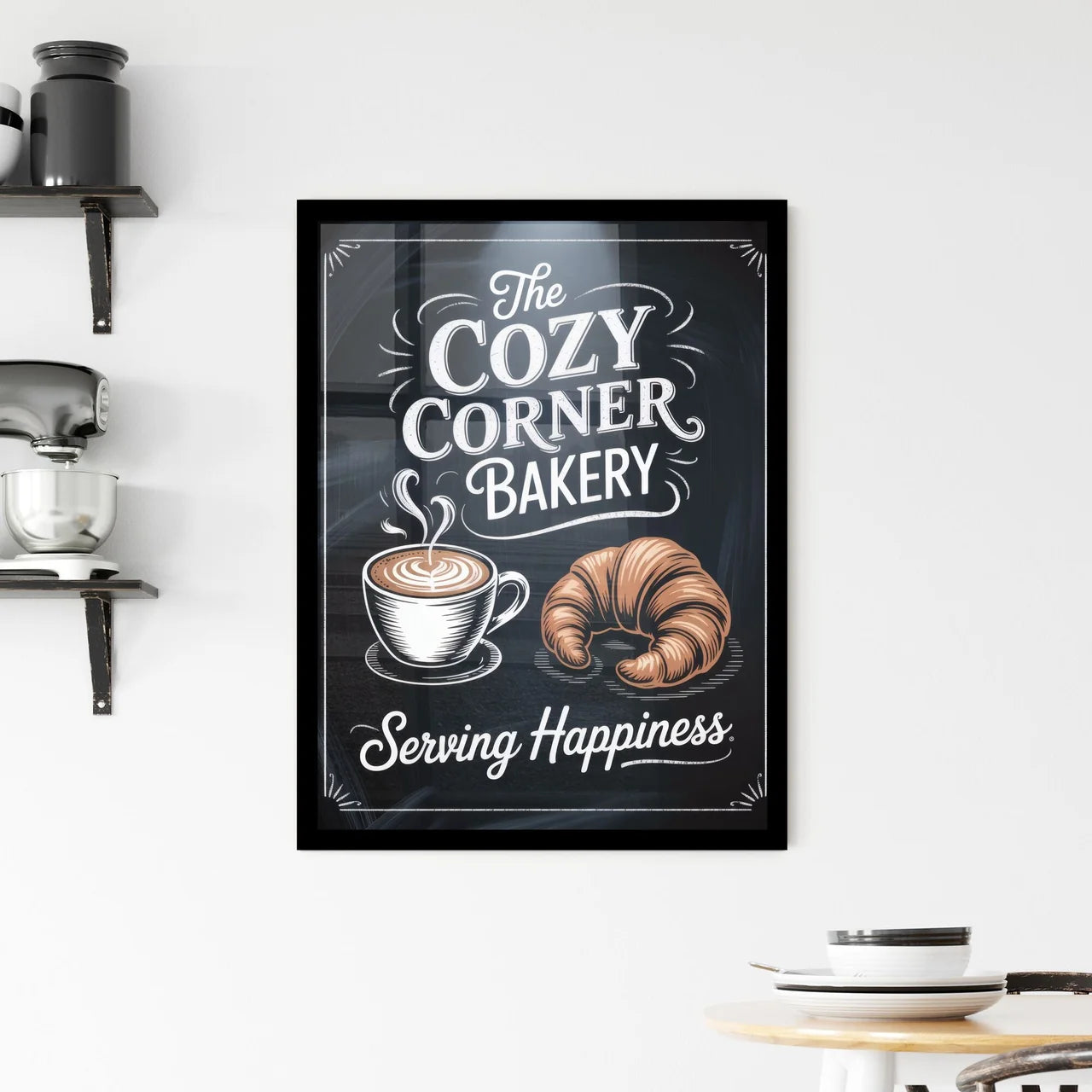 Warm and Inviting Bakery Logo Featuring Coffee and Croissant, Emphasizing Happiness and Comfort. Framed Print