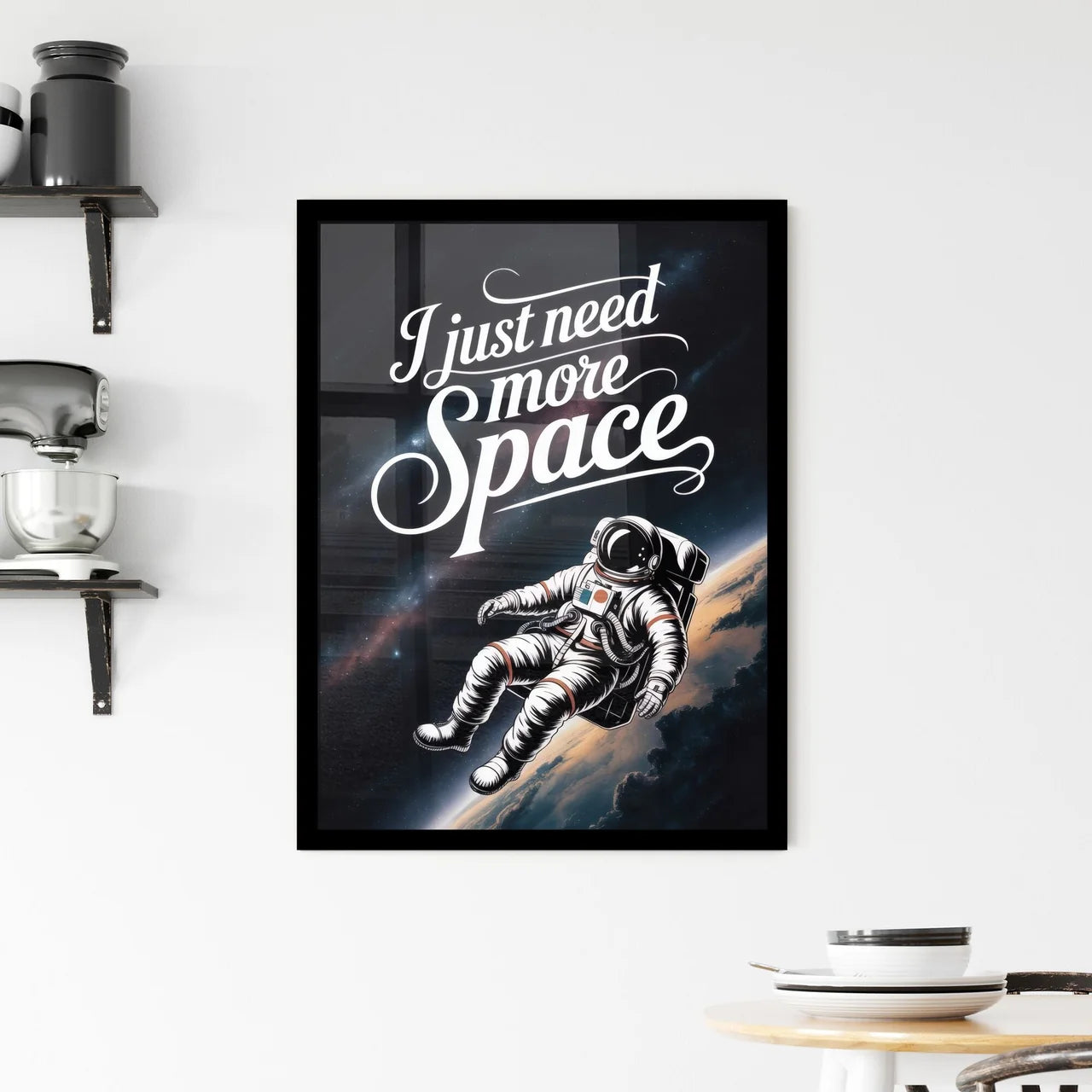 Whimsical Astronaut Floating in Space with Inspirational Phrase: 'I Just Need More Space' for Creative Imagery. Framed Print