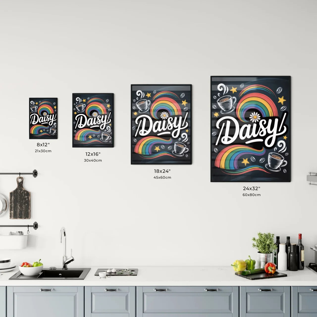 Whimsical Coffee and Rainbow Design Featuring the Name 'Daisy' for Cheerful Branding and Artistic Creations. Chart