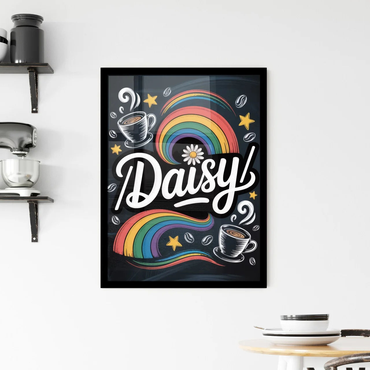 Whimsical Coffee and Rainbow Design Featuring the Name 'Daisy' for Cheerful Branding and Artistic Creations. Framed Print