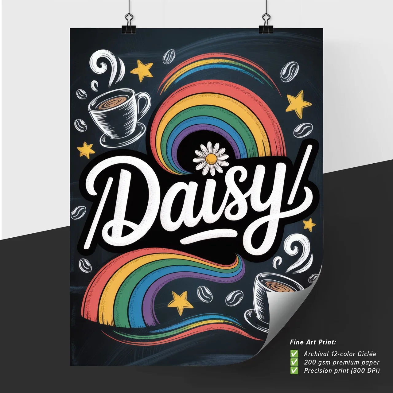 Whimsical Coffee and Rainbow Design Featuring the Name 'Daisy' for Cheerful Branding and Artistic Creations.