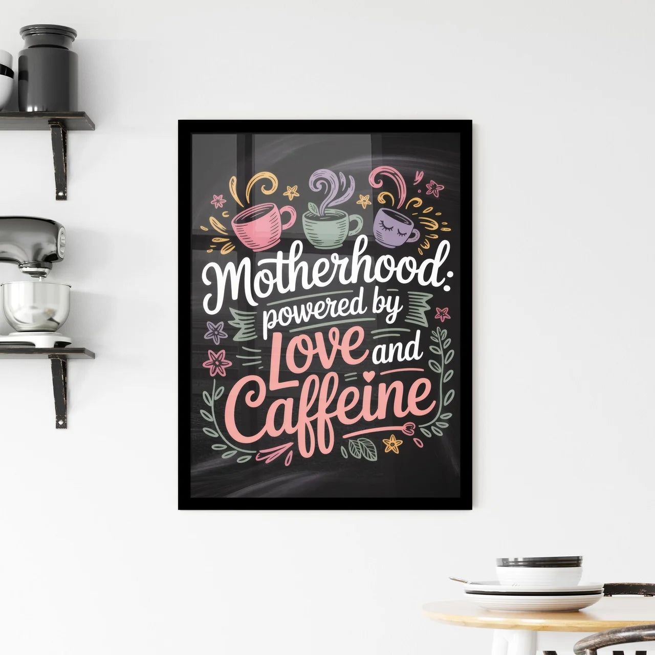 Whimsical Design Celebrating Motherhood, Love, and Caffeine with Playful Coffee Cups and Floral Elements. Framed Print