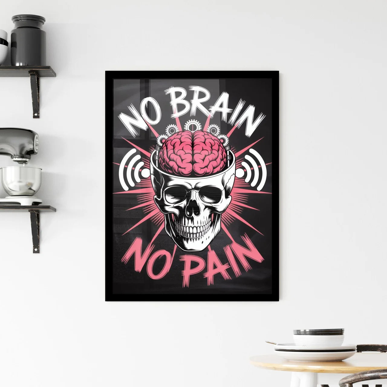 Bold Artistic Illustration Featuring Skull and Brain with Motivational Quote: ‘No Brain, No Pain’ Design. Framed Print