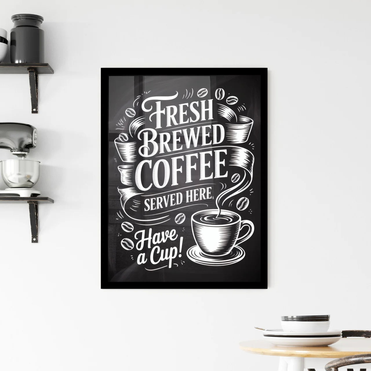 Chalkboard Style Graphic Featuring Fresh Brewed Coffee Served Here, Perfect for Cafés and Coffee Shops. Framed Print