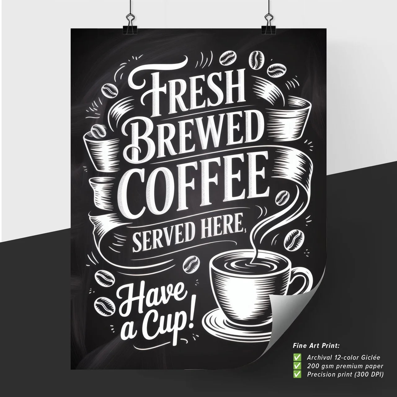 Chalkboard Style Graphic Featuring Fresh Brewed Coffee Served Here, Perfect for Cafés and Coffee Shops.