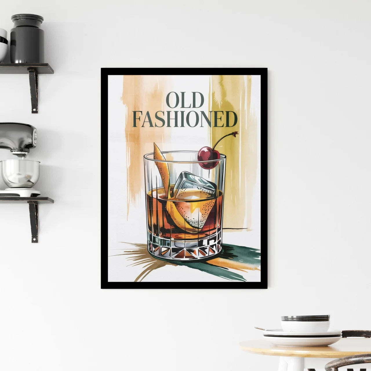 Classic Old Fashioned Cocktail in a Stylish Glass with Orange Twist and Cherry Garnish on Elegant Background. Framed Print