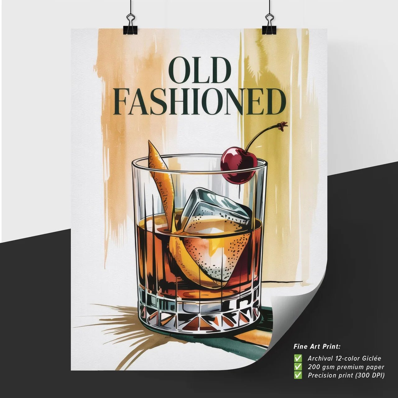 Classic Old Fashioned Cocktail in a Stylish Glass with Orange Twist and Cherry Garnish on Elegant Background.