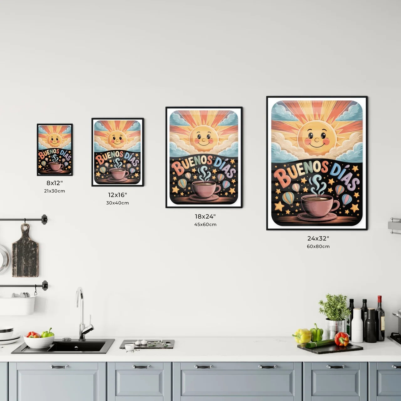 Colorful Morning Illustration Featuring a Cheerful Sun, Coffee Cup, and 'Buenos Días' Text with Hot Air Balloons. Chart