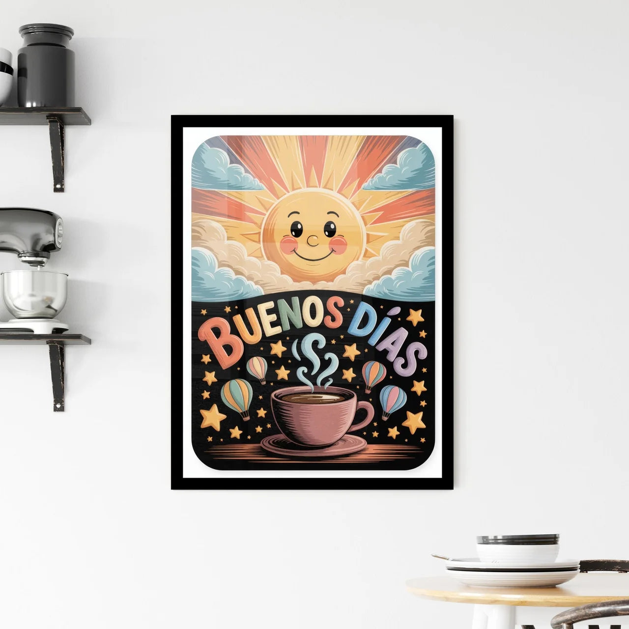 Colorful Morning Illustration Featuring a Cheerful Sun, Coffee Cup, and 'Buenos Días' Text with Hot Air Balloons. Framed Print
