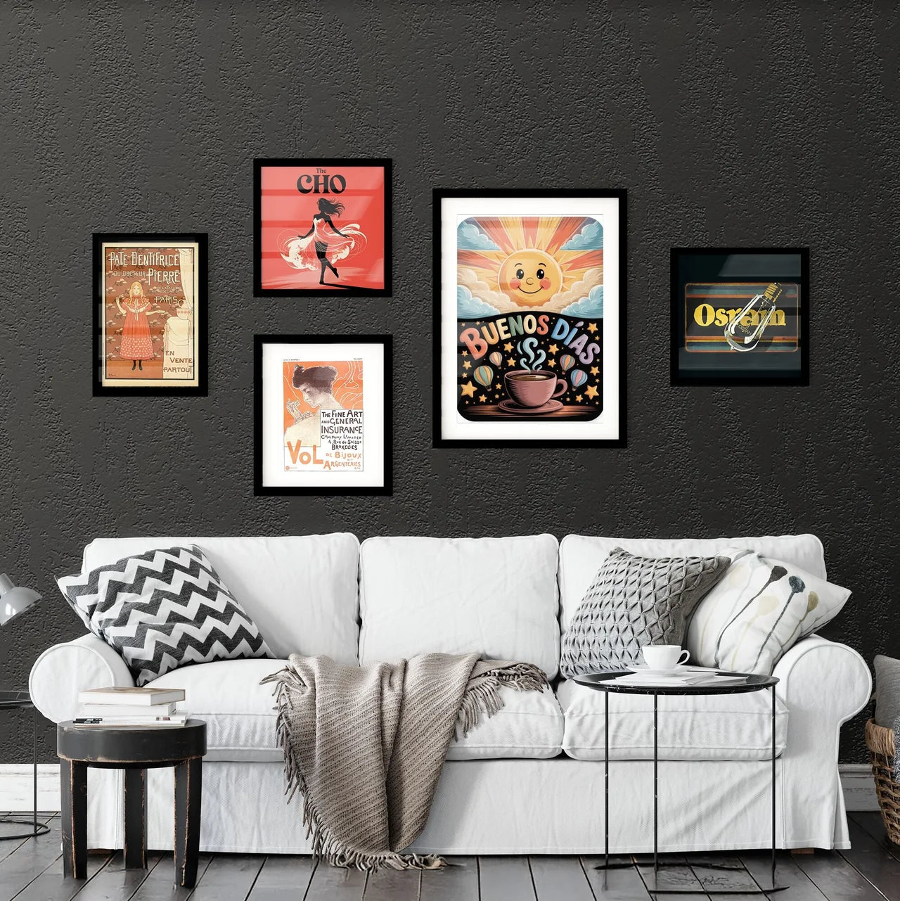 Colorful Morning Illustration Featuring a Cheerful Sun, Coffee Cup, and 'Buenos Días' Text with Hot Air Balloons. Collection