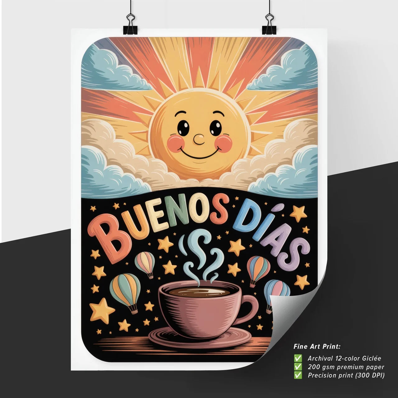 Colorful Morning Illustration Featuring a Cheerful Sun, Coffee Cup, and 'Buenos Días' Text with Hot Air Balloons.