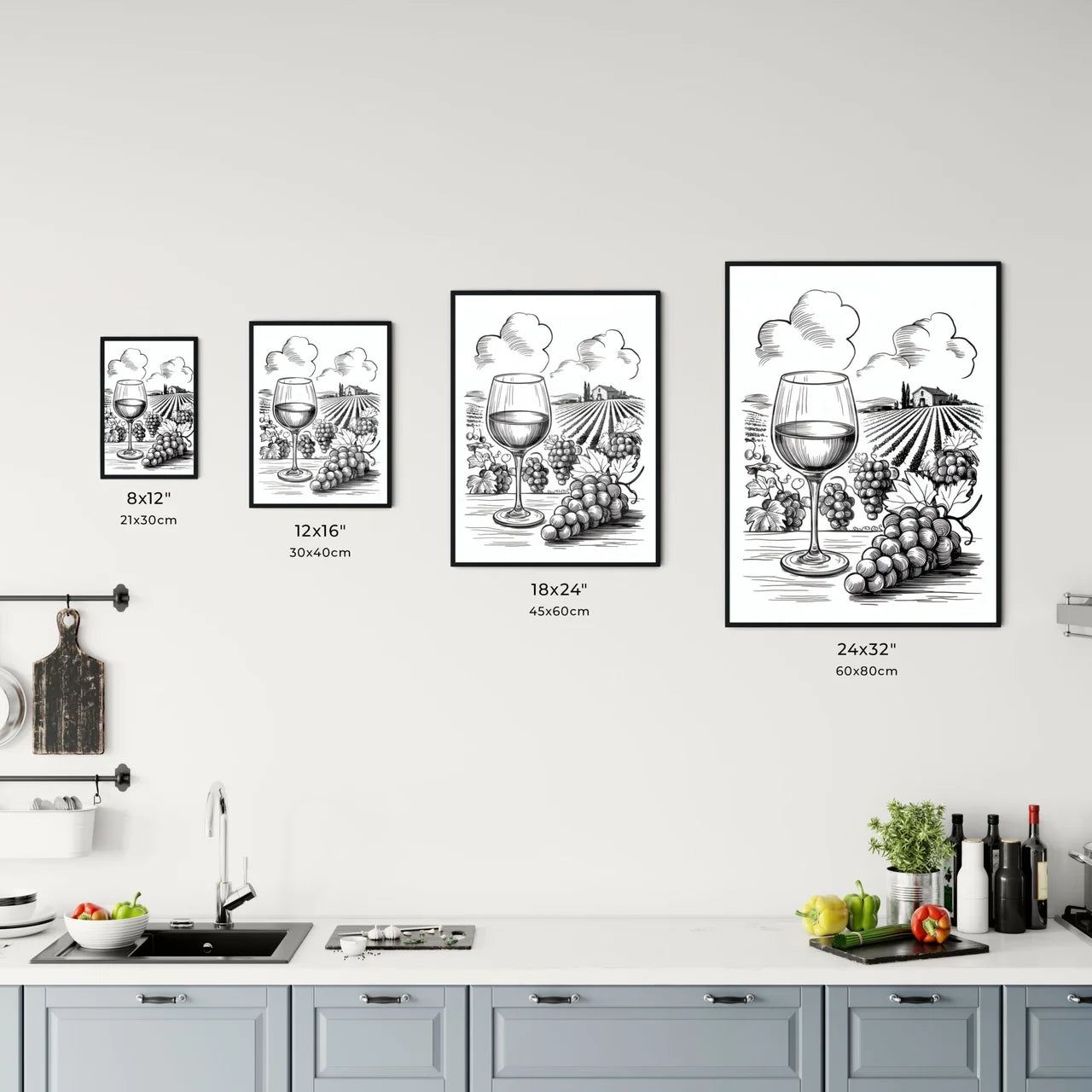 Elegant Wine Glass Surrounded by Grapes and Scenic Vineyard Landscape in Classic Black and White Illustration. Chart