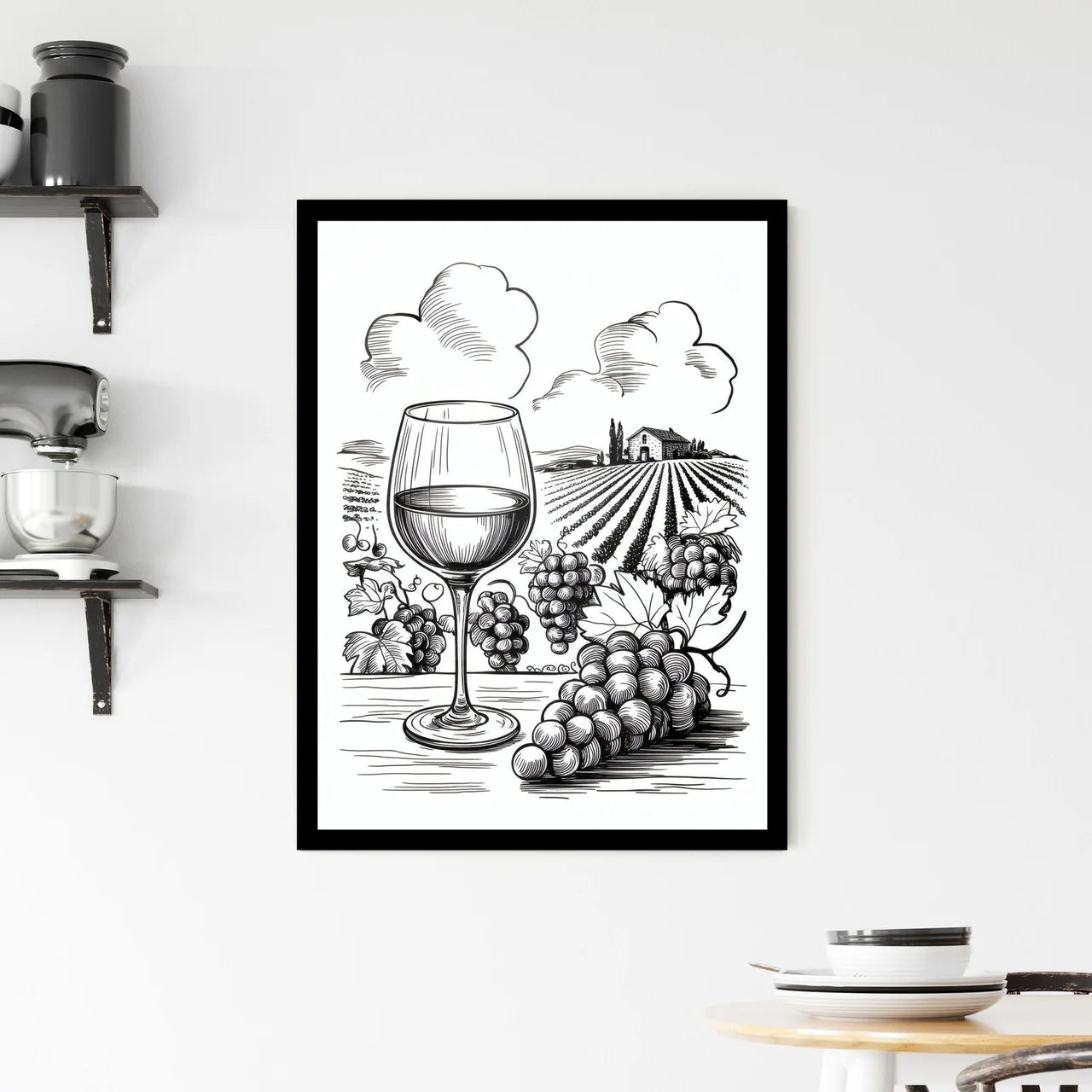 Elegant Wine Glass Surrounded by Grapes and Scenic Vineyard Landscape in Classic Black and White Illustration. Framed Print