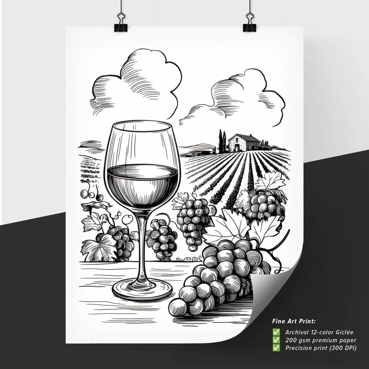Elegant Wine Glass Surrounded by Grapes and Scenic Vineyard Landscape in Classic Black and White Illustration.