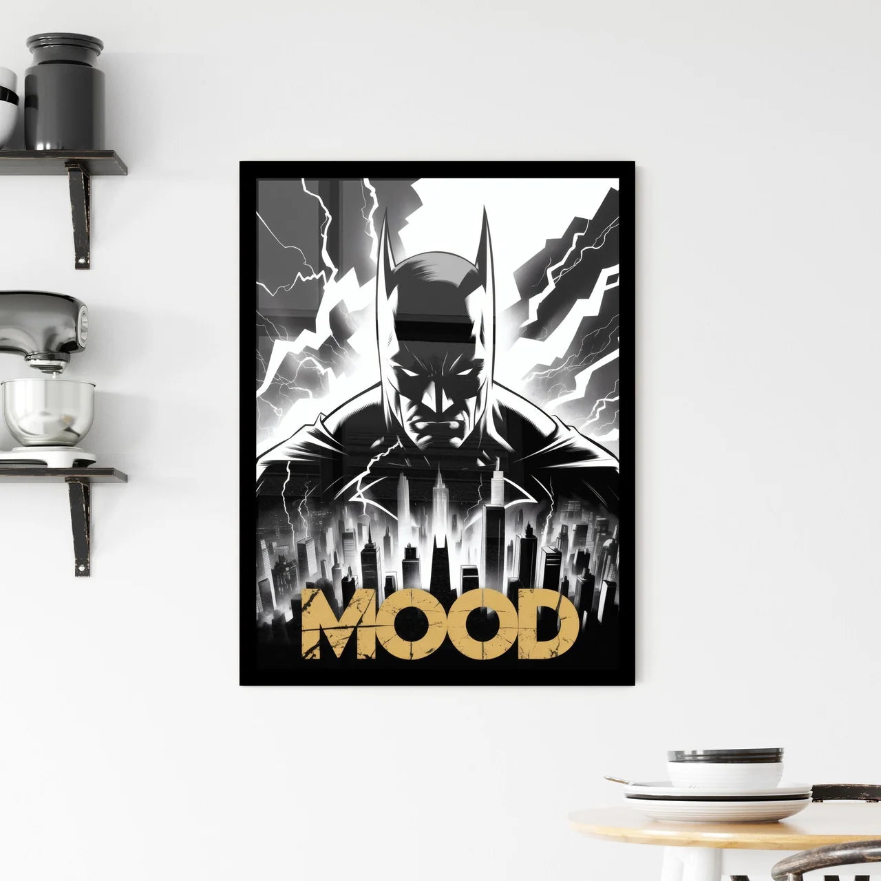 Heroic Atmosphere: A Dark Knight Overlooking a Cityscape with Mysterious Lightning and Dramatic Mood Elements. Framed Print