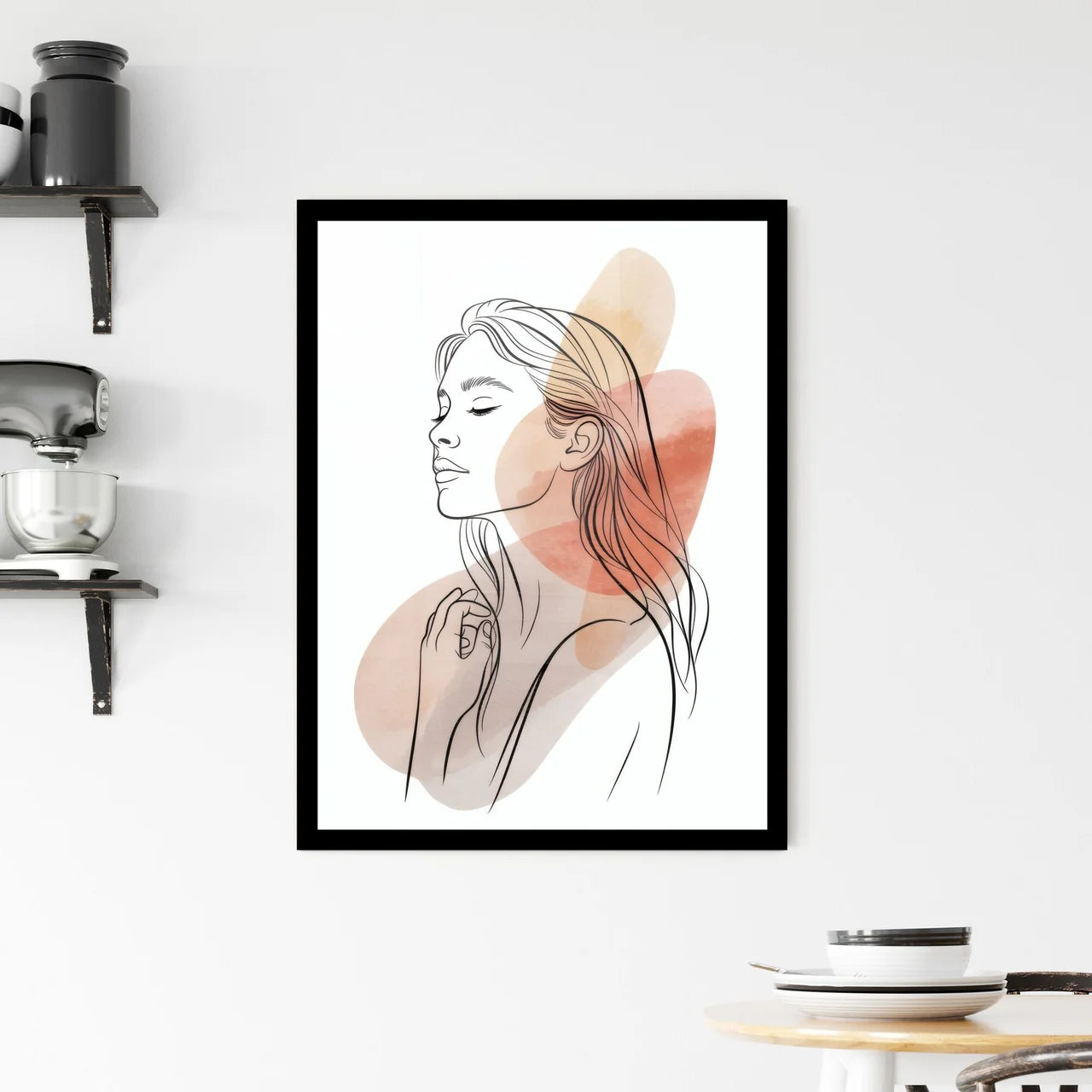 Minimalist Line Art Portrait of a Woman with Abstract Color Elements for Stylish Decor Framed Print