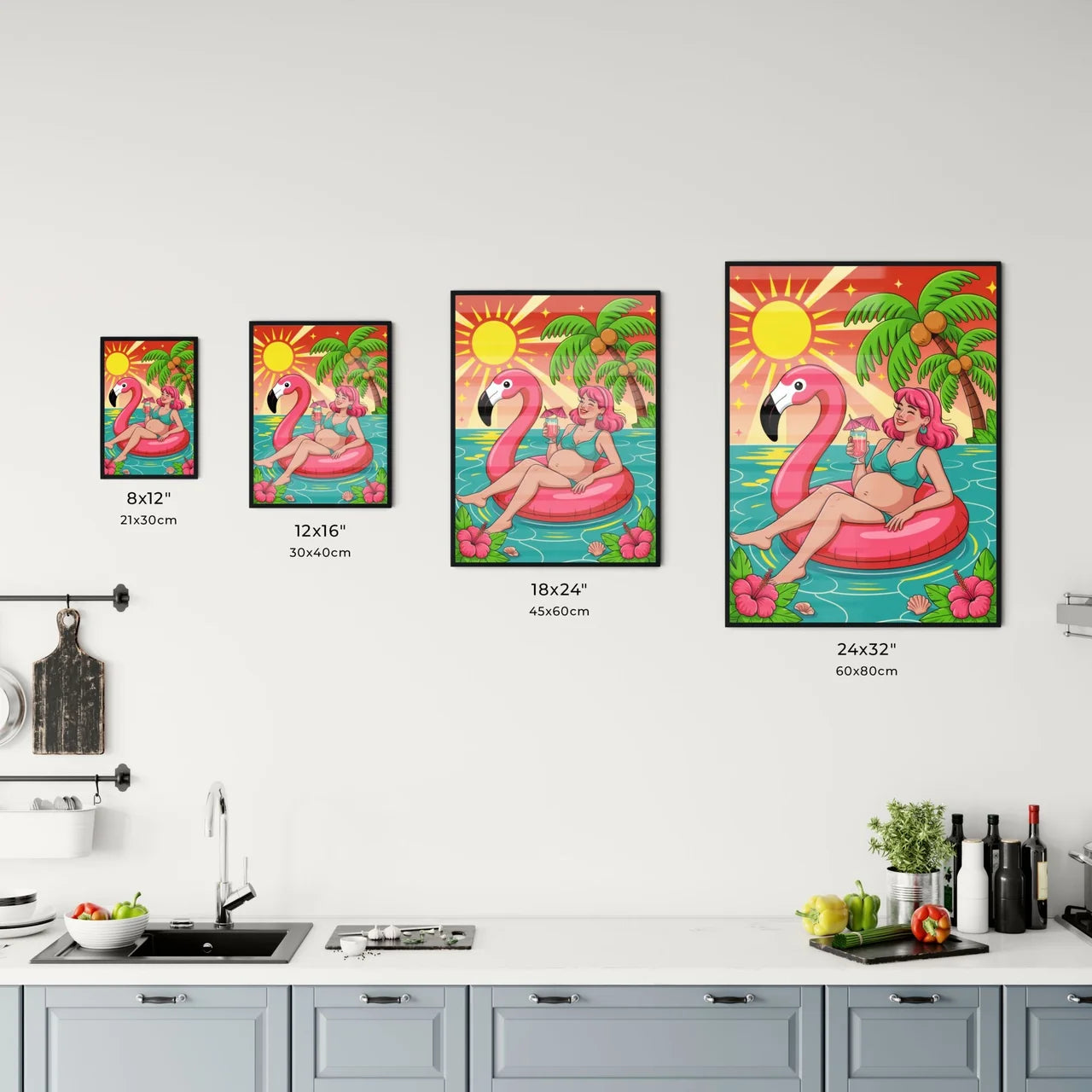 Pregnant Woman Relaxing on Flamingo Float with Tropical Drink Under the Sun Chart