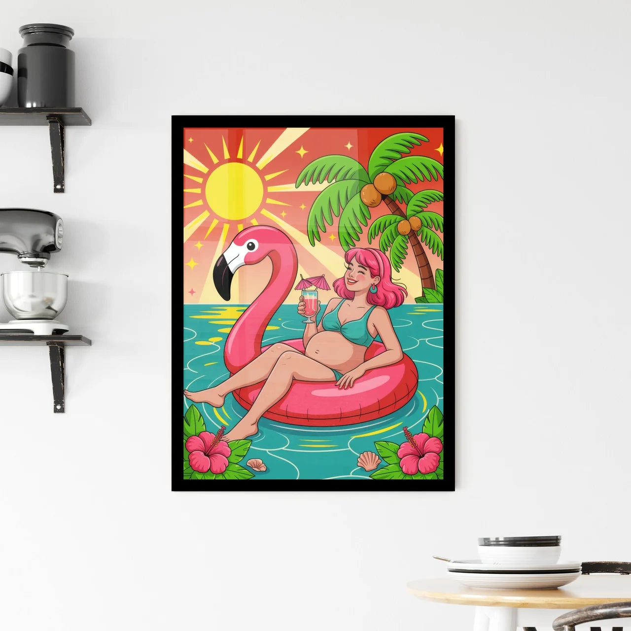 Pregnant Woman Relaxing on Flamingo Float with Tropical Drink Under the Sun Framed Print