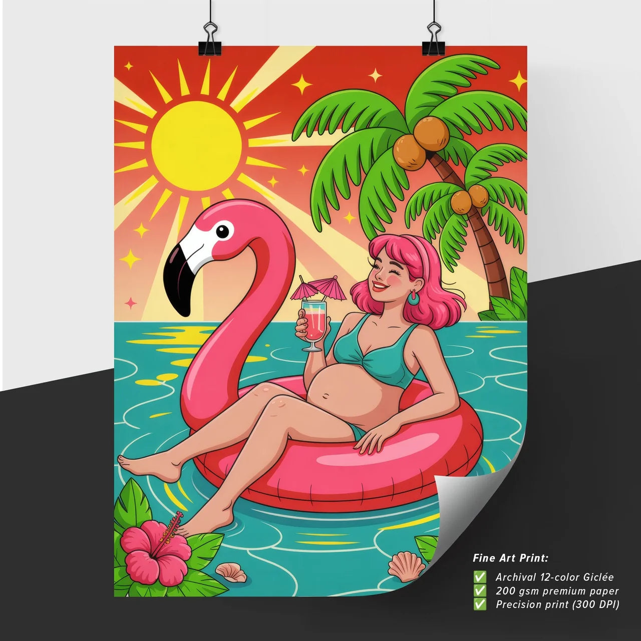 Pregnant Woman Relaxing on Flamingo Float with Tropical Drink Under the Sun